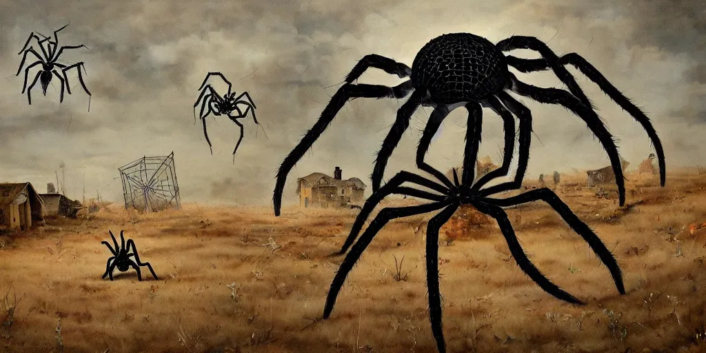 Prompt: surreal painting of giant spider walking through an abandoned town