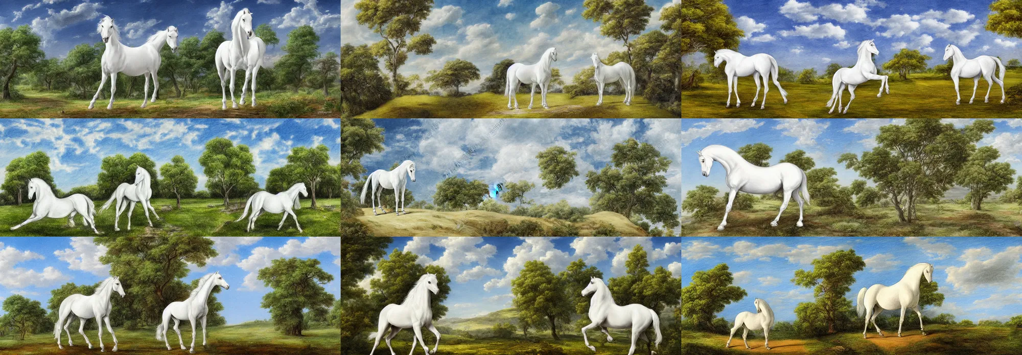 Prompt: a drawing of an arabian white horse in redoute style botanical image on landscape with beautiful skies and trees background