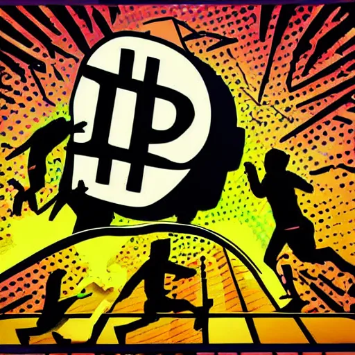 Image similar to people running away scared from a giant with bitcoin head, pop art, high detailed, 8k