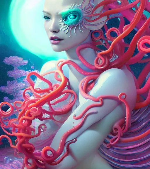 Prompt: harmony of neon glowing coral, tentacles, dynamic pose, white iris, alien mermaid portrait by wlop, james jean, victo ngai, muted colors, highly detailed, fantasy art by craig mullins, thomas kinkade,