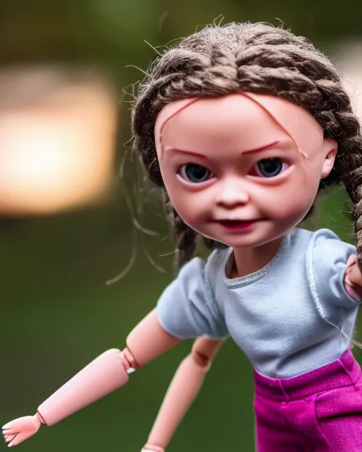 Image similar to high quality presentation photo of a cute greta thunberg barbie doll, photography 4k, f1.8 anamorphic, bokeh, 4k, Canon, Nikon