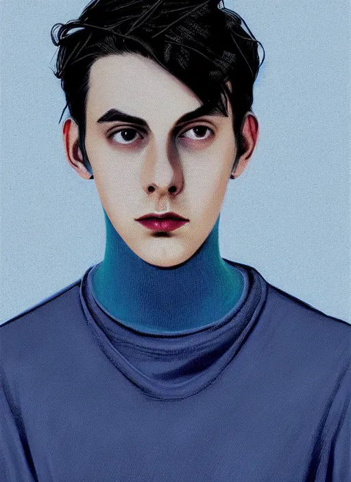 Image similar to portrait of teenage jughead jones wearing a light grey crown, crown, blue turtleneck, 1 9 5 0 s, closed eyes, photorealistic, black hair, glowing lighting, intricate, elegant, glowing lights, highly detailed, digital painting, artstation, concept art, smooth, sharp focus, illustration, art by wlop, mars ravelo and greg rutkowski