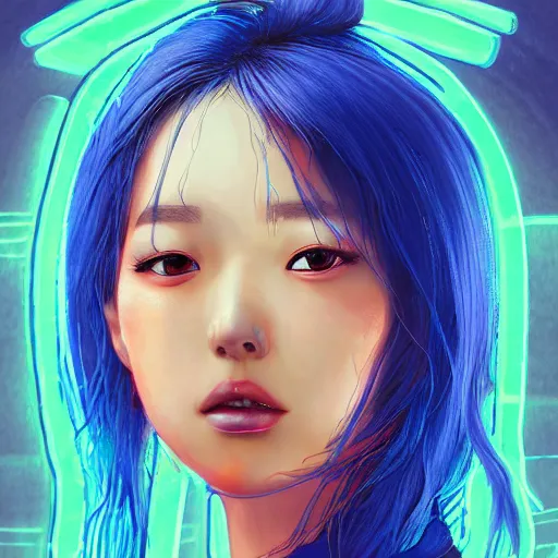 Prompt: a digital painting of hyoni kang in the rain with blue hair, cute - fine - face, pretty face, art by sim sa - jeong, cgsociety, synchromism, detailed painting, glowing neon, digital illustration, perfect face, extremely fine details, realistic shaded lighting, dynamic colorful background