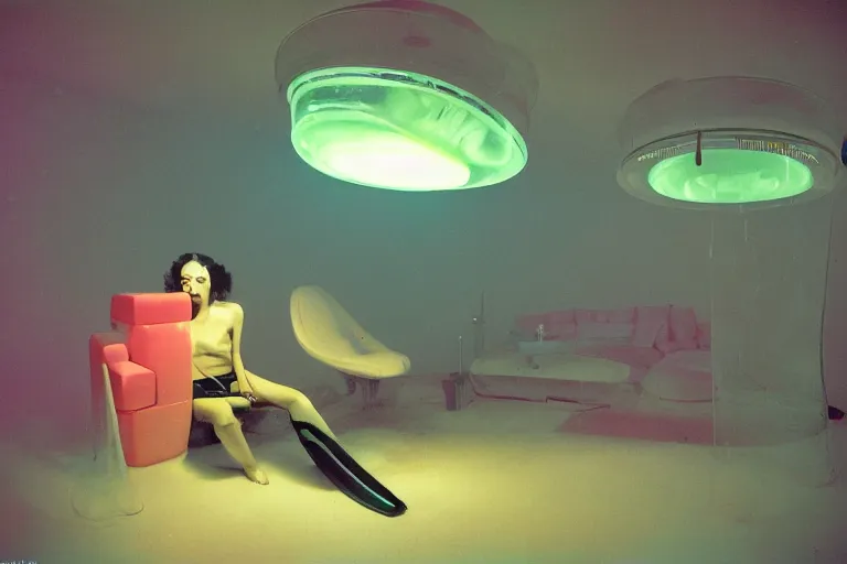 Prompt: high-angle view of a Inuit lush female jellyfish human hybrids wearing vacuum tube amp discowear with transparent digital number readout floating in front of face, sitting inside of a flooded 1970s luxury bungalow cabin with infinity mirror table, submersible vessel seamlessly clipping through wall, suspended soviet computer console on ceiling, ektachrome color photograph, volumetric lighting, off-camera flash, 24mm f8 aperture