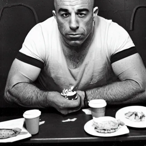 Prompt: joe rogan eating at a macdonalds restaurant, black and white photo by dianne arbus