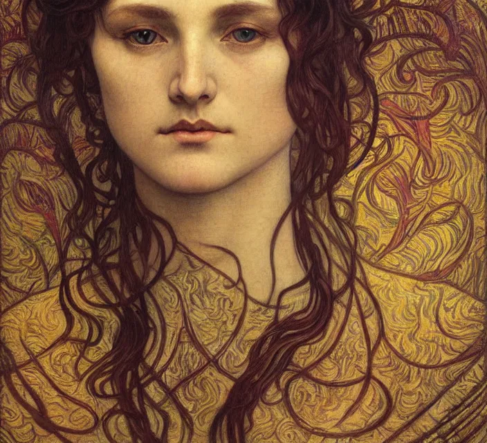 Image similar to detailed realistic beautiful young medieval queen face portrait by jean delville, alphonse mucha, vincent van gogh, and marco mazzoni, art nouveau, symbolist, visionary, gothic, pre - raphaelite