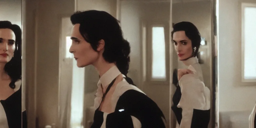 Image similar to ultra wide angle photo of winona ryder dressed in a white blouse and black dress pants as diana prince looking at herself in a bathroom mirror and seeing her reflection as wonder woman