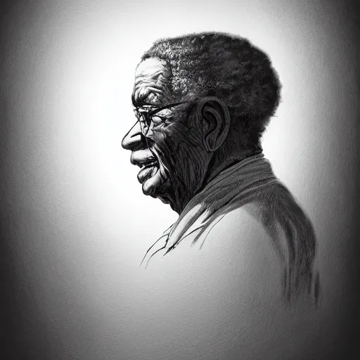 Image similar to a painting of a elder man by Kara Walker . details, smooth, sharp focus, illustration, realistic, cinematic, artstation, award winning, rgb , unreal engine, octane render, cinematic light, macro, depth of field, blur, red light and clouds from the back, highly detailed epic cinematic concept art CG render made in Maya, Blender and Photoshop, octane render, excellent composition, dynamic dramatic cinematic lighting, aesthetic, very inspirational, arthouse.
