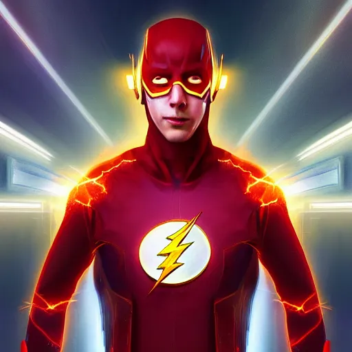 Prompt: a digital painting of michael rosenbaum dressed as the flash,,, cyberpunk art by sim sa - jeong, cgsociety, synchromism, detailed painting, glowing neon, digital illustration, perfect face, extremely fine details, realistic shaded lighting, dynamic colorful background