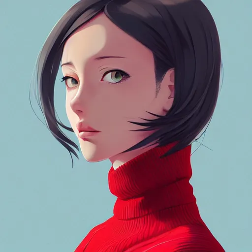 Image similar to anime girl in dark red turtleneck, black coat, elegant, 2d, ultra highly detailed, digital painting, smooth, sharp focus, artstation, portrait art by Ilya Kuvshinov