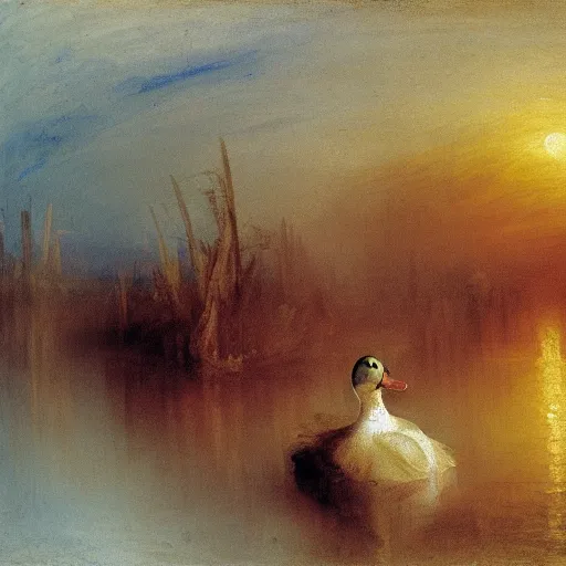 Prompt: a duck on the prowl oil painting J.M.W. Turner