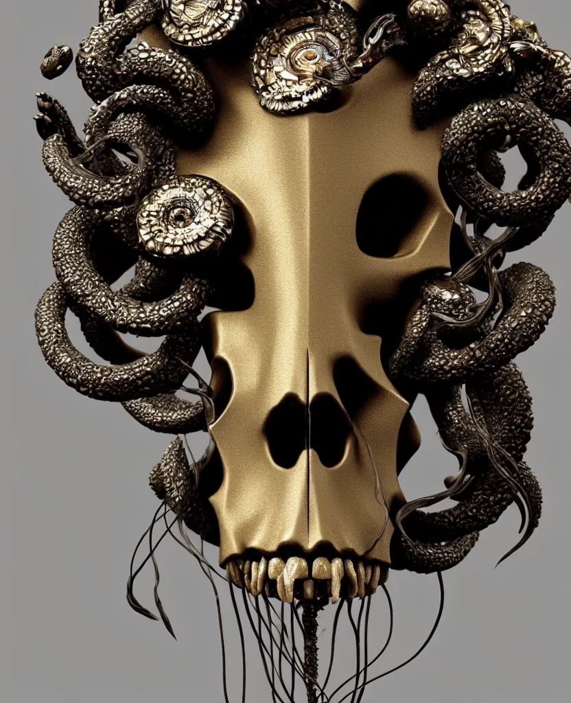 Image similar to goddess princess face close-up portrait ram skull. sculpture made of black clay and gold. jellyfish phoenix head, nautilus, orchid, skull, betta fish, bioluminiscent creatures, intricate artwork by Tooth Wu and wlop and beeple. octane render, trending on artstation, greg rutkowski very coherent symmetrical artwork. cinematic, hyper realism, high detail, octane render, 8k