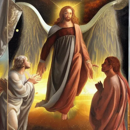 Prompt: renaissance, strange miracle angel in white light space, bible illustration, oil, detailed