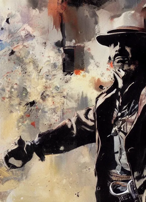 Prompt: arthur morgan in san denis, painting by phil hale, fransico goya,'action lines '!!!, graphic style, visible brushstrokes, motion blur, blurry, visible paint texture, crisp hd image