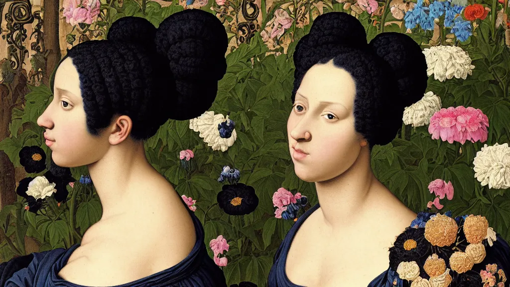Prompt: portrait of a young black woman with blue hair buns, wearing a black t-shirt, standing in a garden full of black flowers, intricate details, high detail, in a renaissance style, super-flat, in the style of Jean Auguste Dominique Ingres, James Jean, punk