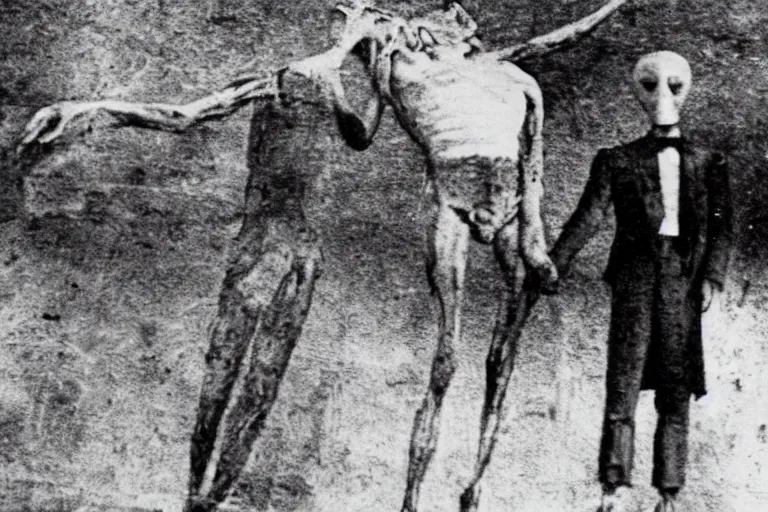 Prompt: an very old photo of slenderman grabbing a dead body