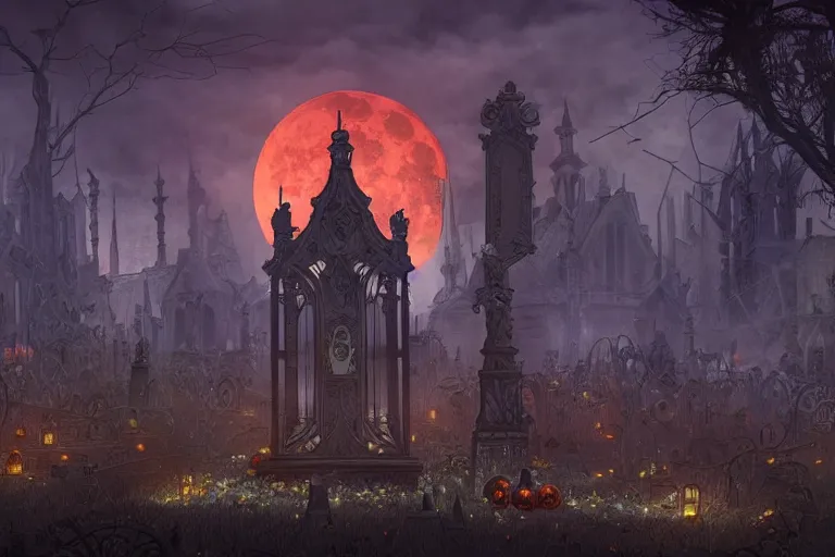 Image similar to an ultra detailed animation of a graveyard at midnight on halloween, digital art, dark fantasy, concept art, soulslike, by alphonse mucha, blood moon eclipse, ruined building in the background, artstation, 8 k, unreal engine render