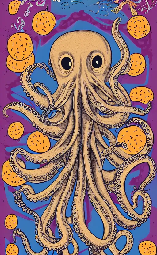 Image similar to highly detailed illustration of octopus eating a cheeseburger, concert poster, symmetrical, 8 k, trending, vintage