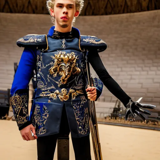 Image similar to low angle upper view of Austin Butler dressed in futuristic-baroque prussian blue duelist-garb and nanocarbon-vest and greaves with Griffin-Ram heraldry emblem, standing in an arena in Dune 2020, XF IQ4, f/1.4, ISO 200, 1/160s, 8K, RAW, unedited, symmetrical balance, face in-frame