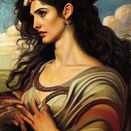 Prompt: Head and shoulders masterpiece portrait oil painting of the beautiful goddess Gal Gadot as Ceres, she is wearing roman clothes and a surreal jewelry, her hair is natural disheveled, she is approaching heaven over the clouds, naturalism, dramatic lighting, high-detailed oil painting by Ilya Repin, Michelangelo da Caravaggio, William Blake, Alex Grey and Beksinski, trending on Artsation, hystorical painting, naturalism, masterpiece, 4k, 8k,
