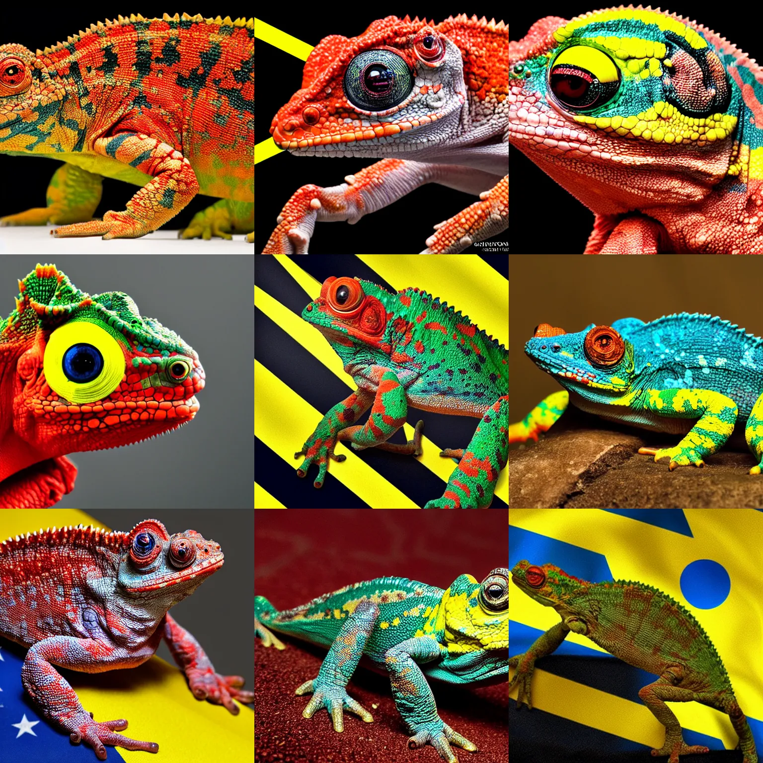 Prompt: A terminator chameleon with the colors of the ukrainian flag, glowing red eyes, award-winning photo