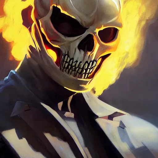 Image similar to greg manchess portrait painting of ghost rider as overwatch character, medium shot, asymmetrical, profile picture, organic painting, sunny day, matte painting, bold shapes, hard edges, street art, trending on artstation, by huang guangjian and gil elvgren and sachin teng