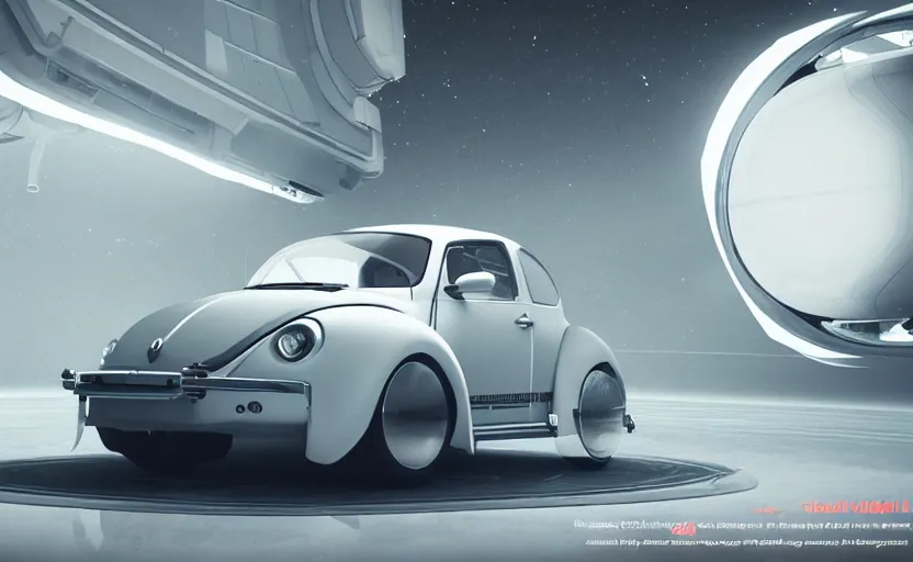 Image similar to a spaceship version of the vw beetle floating in the space, masterpiece, hyperrealistic, futuristic, symmetrical, octane render, unreal engine 5, path traced, highly detailed, high quality, 8 k, cinematic, high coherence, soft lighting, spacecraft, bloom