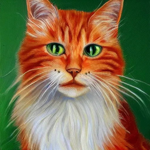 Prompt: oil painting of longhaired light orange and medium orange cat with green eyes, bushy tail, pointy ears, artistic, elegant,