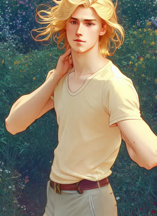 Image similar to pretty young man with shoulder length shiny shimmering golden blond hair, half body shot, path traced, highly detailed, high quality, digital painting, by studio ghibli and alphonse mucha, leesha hannigan, hidari, disney