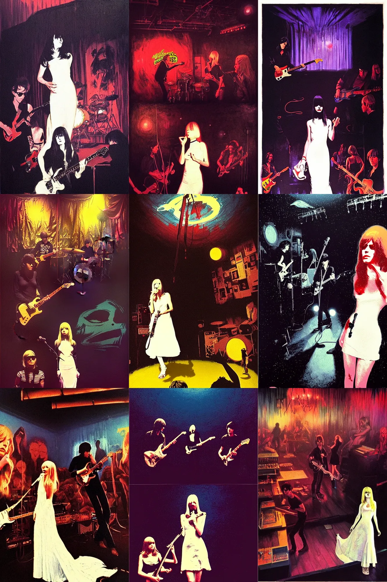 Prompt: the velvet underground playing in san francisco at a night club in 1 9 6 9, nico wearing a white dress, beautiful stage decoration in the background by andy warhol, art by greg rutkowski and thomas kinkade, very detailed and colorful, moody, relaxed, stoned, trending on artstation