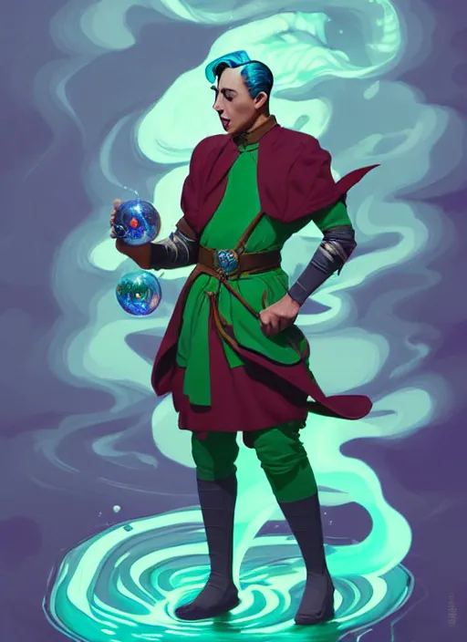 Image similar to style artgerm, joshua middleton, illustration, pee wee herman as a warrior monk wearing green pelt light armor, blue hair, swirling water cosmos, fantasy, dnd, cinematic lighting