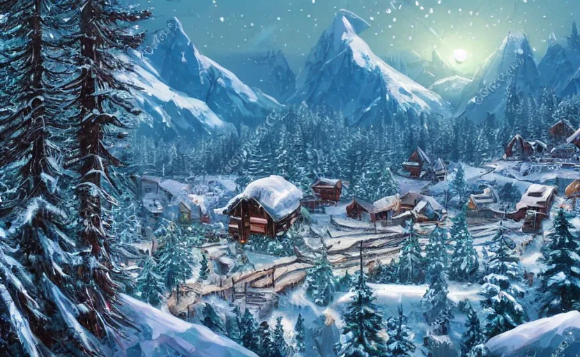 Image similar to snowy northern frontier town, tall pine forest and moutains, fantasy art