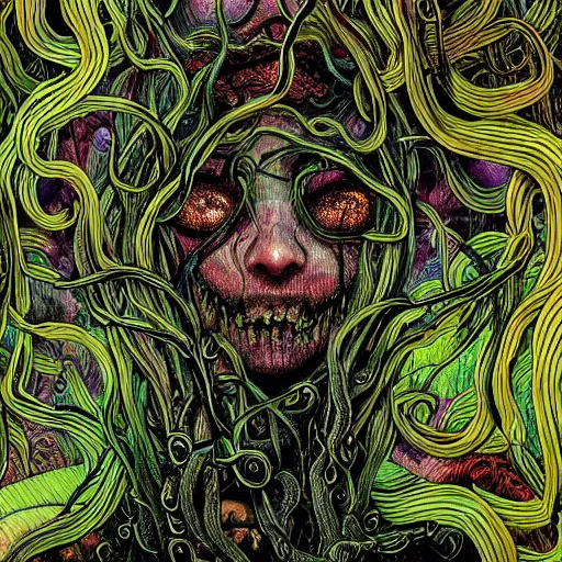 Image similar to psychedelic horror art eldritch forest of fingers and tentacles creepy horror by godmachine victo ngai yoji shinkawa junji ito shintaro kago apophasis hyperrealism photo - realistic demon hyperdetailed photography photorealistic