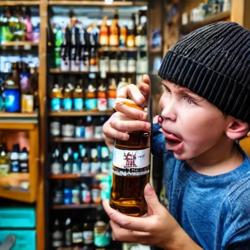 Prompt: boy hold beer bottle in the shop. angry casier refuse to sell.