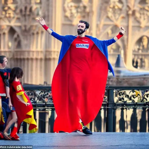 Prompt: santigo abascal flying over barcelona wearing a red and yellow cape