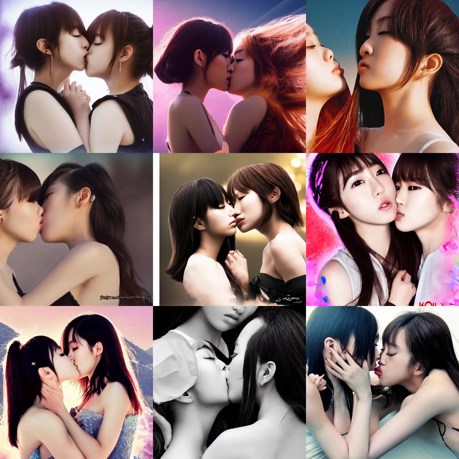 Prompt: unbelievably beautiful, perfect, dynamic, epic, cinematic 8 k hd movie shot, kiss of two japanese beautiful cute young j - pop idols av actresses girls, they kiss each other. motion, vfx, inspirational arthouse, high budget, hollywood style, at behance, at netflix, with instagram filters, photoshop, adobe lightroom, adobe after effects, taken with polaroid kodak portra