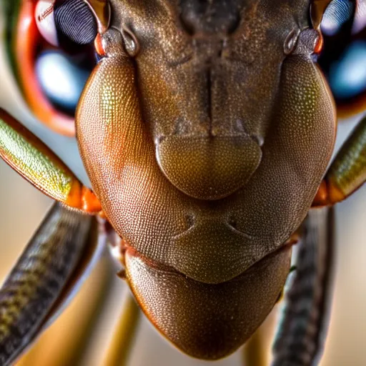 Image similar to detailed close up 4 k photograph of a praying mantis face