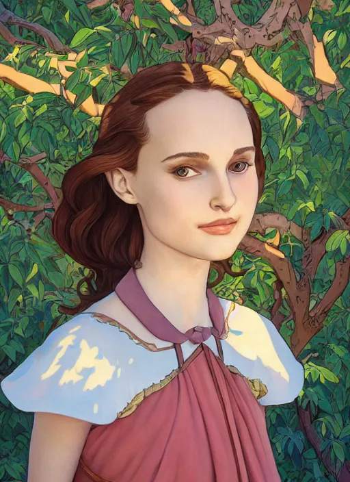 Image similar to well - lit art nouveau portrait of a 1 3 - year old ballet girl wih resembles natalie portman and emily browning acting shy under an apple tree, natural lighting, path traced, highly detailed, high quality, cartoon, digital painting, by don bluth and ross tran and studio ghibli