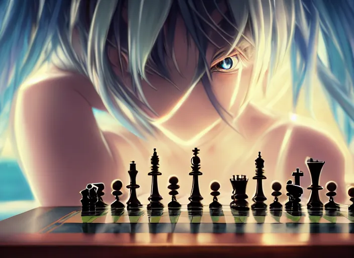 Image similar to rimuru playing chess, with gold eyes, straight hair, sky blue hair, long bangs, high collar, concept art, award winning photography, digital painting, cinematic, by wlop, anime key visual, wlop, 8 k, by ross tran, tom bagshaw, andy warhol