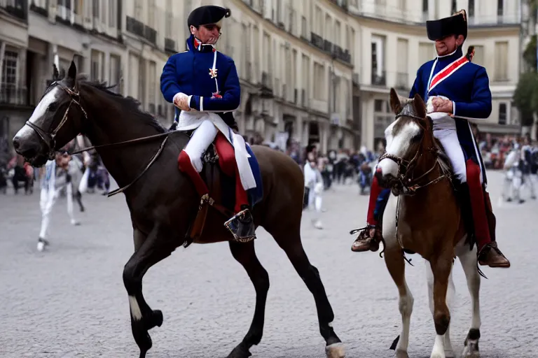 Image similar to closeup portrait of emmanuel macron dressed as napoleon riding a tiny horse in a paris street, natural light, sharp, detailed face, magazine, press, photo, steve mccurry, david lazar, canon, nikon, focus