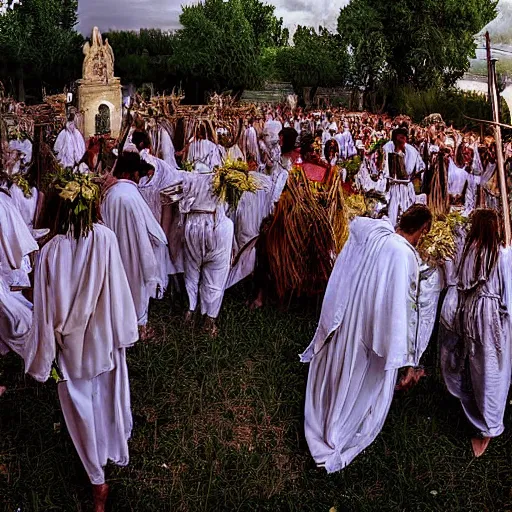 Image similar to Puglia, Italy midsommar satanic ritual, spiritual, movie still, photograph, realistic, hyper detailed