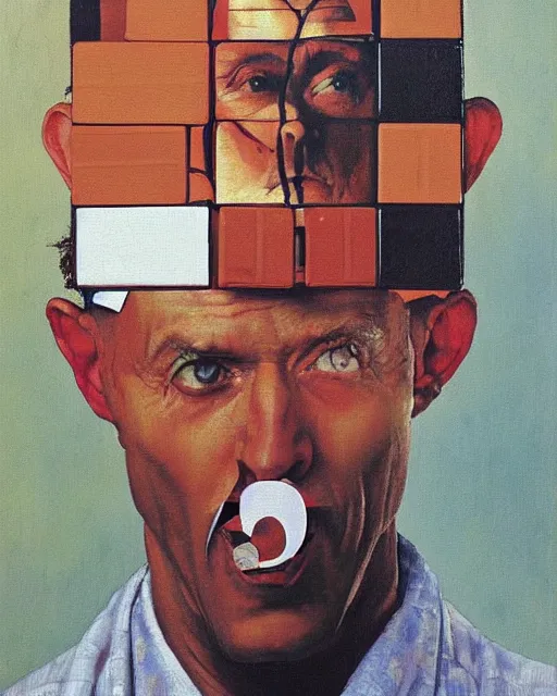 Prompt: A painting of a man with a head like a rubiks cube, Norman Rockwell painting of a man with rubiks cube head