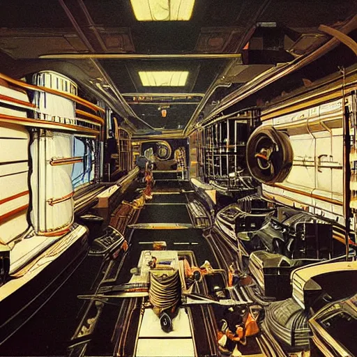 Prompt: painting of an ancient civilzation interior engine room, syd mead