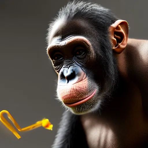 Image similar to a high detail shot of a chimp wearing a suit, smoking, unreal engine