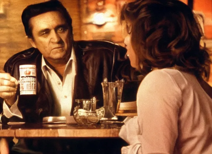 Prompt: a close - up, color cinema film still of a johnny cash talking to a beautiful hooters waitress drinking whiskey at hooters, ambient lighting at night.