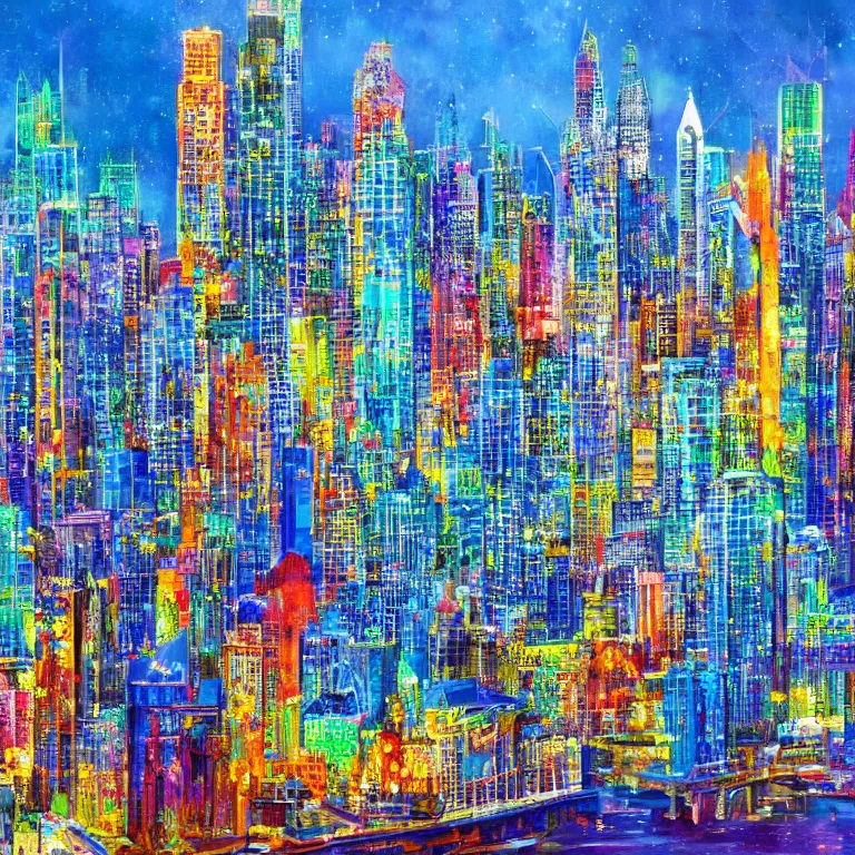 Prompt: a magnificent city made of glass, a joyful bright bright city, future art, fantasy art