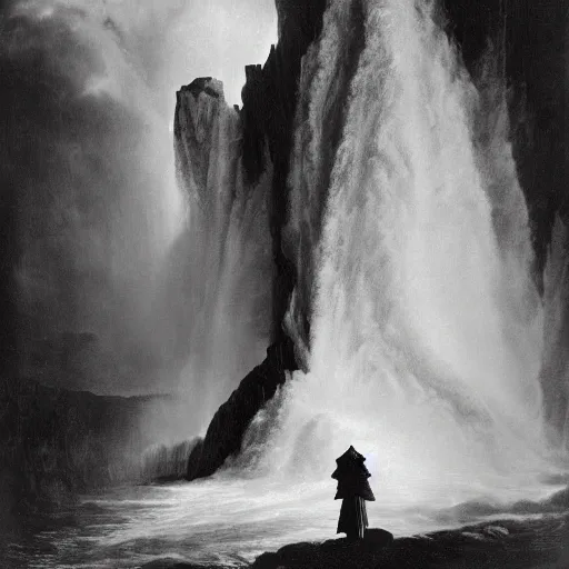 Prompt: dark and moody photo by ansel adams and peder balke, a woman in an extremely long dress made out of waterfalls