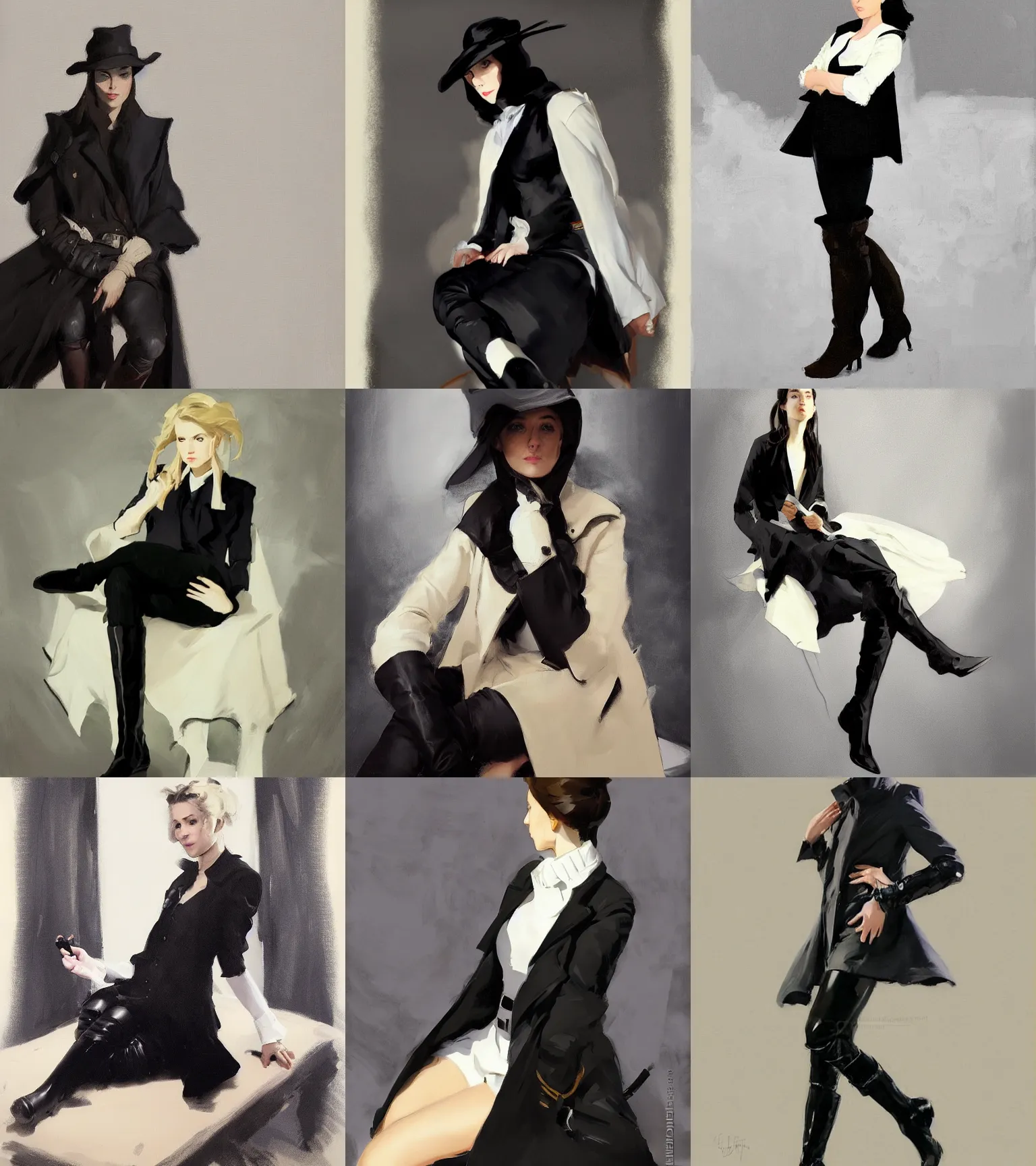 Image similar to black white cloth fabric jodhpurs knee high boots travel coat fashion, portrait in sitting pose, greg manchess painting by sargent and leyendecker, studio ghibli, fantasy, asymmetrical, intricate, elegant, matte painting, illustration, hearthstone, by greg rutkowski, by greg tocchini, by james gilleard, by joe fenton