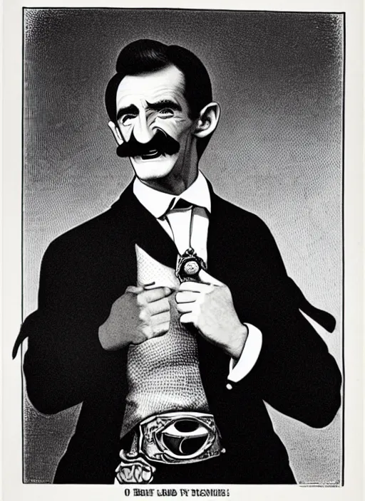 Prompt: Barry Chuckle is the most rootinest, tootinest sheriff of the old West. Lithograph 1889