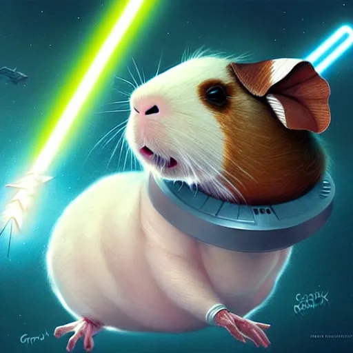 Prompt: cute anthropomorphic guinea pig full as an jedi in a spaceship, body portrait, divine lightning, by greg rutkowski, by charlie bowater